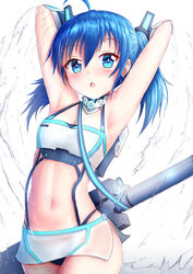  armpits arms_up bare_shoulders blue_eyes blue_hair blush breasts commentary_request female hair_between_eyes headgear highres japanese_clothes kimono looking_at_viewer navel open_mouth original prophosphere small_breasts solo sweat sword twintails water weapon white_background white_kimono 