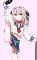  absurdres belt belt_collar black_ribbon blue_belt blue_sailor_collar blue_skirt closed_mouth collar female grey_hair hair_ribbon highres looking_at_viewer makaino_ririmu makaino_ririmu_(4th_costume) miniskirt neckerchief nijisanji panties pantyshot pink_background pink_eyes pink_panties red_neckerchief ribbon sailor_collar shirt simple_background skirt socks solo split standing standing_on_one_leg standing_split twintails underwear utsusumi_kio virtual_youtuber white_shirt white_socks 