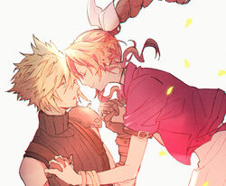  1boy aerith_gainsborough aqua_eyes armor blonde_hair braid braided_ponytail brown_hair choker closed_eyes cloud_strife couple dress falling_petals female final_fantasy final_fantasy_vii final_fantasy_vii_remake hageee hair_between_eyes hair_ribbon holding_hands jacket parted_bangs petals pink_dress red_jacket ribbon shoulder_armor sidelocks simple_background sleeveless sleeveless_turtleneck spiked_hair straight suspenders turtleneck upper_body white_background 