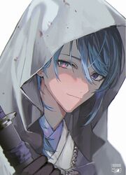  1boy bad_id bad_twitter_id bishounen black_gloves blood blood_on_clothes blue_hair closed_mouth genshin_impact gloves highres holding holding_sheath hood hood_up japanese_clothes kamisato_ayato looking_at_viewer male_focus mole mole_under_mouth portrait purple_eyes sheath simple_background solo sword ueauwa weapon white_background 