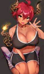  ahoge bare_shoulders between_legs black_shirt black_shorts blush breasts cleavage collar commission female hair_between_eyes hand_between_legs highres horns jovejun kneehighs kneeling large_breasts looking_at_viewer navel open_mouth orange_eyes original pointy_ears red_collar red_hair shirt short_hair short_shorts shorts socks solo tail thighs white_socks 