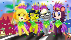  16:9 animal_crossing ankha_(animal_crossing) anthro brazilian_carnival bulge canid canine canis carnival_(holiday) clothed clothing detailed_background digital_media_(artwork) domestic_cat domestic_dog eulipotyphlan felid feline felis female festivale fur group hair hedgehog heterochromia hi_res holidays isabelle_(animal_crossing) label_able leotard male mammal moon_pearl nintendo open_mouth raymond_(animal_crossing) samba succubi_samus teeth tongue walking widescreen 