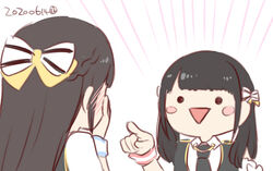  2girls asakura_momo black_hair black_neckwear blush blush_stickers bow braid chibi from_behind idolmaster idolmaster_million_live! laughing looking_at_another multiple_girls nagian open_mouth pointing real_life simple_background smile tadokoro_azusa upper_body voice_actor voice_actor_connection white_background white_bow wrist_cuffs 