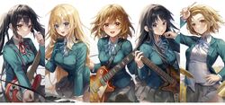  5girls :d :o absurdres adjusting_hair aibek akiyama_mio band bass_guitar black_eyes black_hair black_pantyhose blazer blonde_hair blue_bow blue_bowtie blue_eyes blue_jacket blue_ribbon blush bow bowtie breasts brown_eyes brown_hair buttoned_cuffs buttons chromatic_aberration closed_mouth collared_shirt cowboy_shot dot_nose drum drum_set drumsticks electric_guitar fender_jazz_bass fender_mustang floating_hair gibson_les_paul gradient_background green_jacket grey_skirt grin guitar hair_between_eyes hair_ornament hairband hairclip hand_on_own_hip highres hime_cut hirasawa_yui holding holding_drumsticks holding_instrument instrument jacket k-on! keyboard_(instrument) korg_triton kotobuki_tsumugi large_breasts leaning_forward light_smile long_hair long_sleeves looking_at_viewer medium_breasts medium_hair miniskirt multiple_girls music nakano_azusa neck_ribbon neckerchief open_clothes open_jacket open_mouth pantyhose piano pleated_skirt plectrum red_neckerchief ribbon sakuragaoka_high_school_uniform school_uniform serafuku shirt short_hair simple_background skirt small_breasts smile tainaka_ritsu teeth tongue twintails untucked_shirt upper_body white_background white_shirt winter_uniform yellow_eyes yellow_hairband 