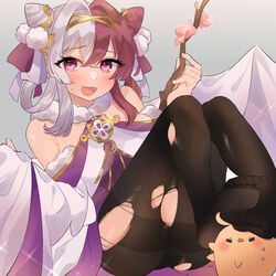  azur_lane bare_shoulders black_pantyhose blush branch chao_ho_(azur_lane) chao_ho_(plum_blossom&#039;s_illumination)_(azur_lane) cone_hair_bun feet female full_body fur-trimmed_sleeves fur_trim hair_bun hair_ornament heart heart-shaped_pupils highres manjuu_(azur_lane) medium_hair multicolored_hair no_shoes official_alternate_costume open_mouth pantyhose red_eyes red_hair simple_background soles solo split-color_hair stepped_on symbol-shaped_pupils takumi_mizuki thighband_pantyhose toes torn_clothes torn_pantyhose two-tone_hair white_hair wide_sleeves 