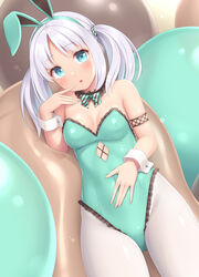  animal_ears aqua_bow aqua_bowtie aqua_eyes aqua_hairband aqua_leotard balloon blush bow bowtie breasts chocomint_bunny_(sasaame) clothing_cutout commentary covered_navel cross-laced_clothes cross-laced_cutout cutout_above_navel fake_animal_ears female food-themed_clothes frilled_leotard frills hair_tie hairband hand_on_own_stomach highres leotard light_purple_hair medium_breasts mint_chocolate neck_garter open_mouth original pantyhose playboy_bunny rabbit_ears sasaame solo striped_bow striped_bowtie striped_clothes symbol-only_commentary twintails white_pantyhose wrist_cuffs 