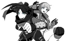  2girls animification apex_legends blue_eyes bodysuit breasts clenched_hand commentary eyebrows_hidden_by_hair gloves hair_bun holding holding_knife hope&#039;s_dusk_(apex_legends) jacket knee_pads knife kunai looking_at_viewer medium_breasts monochrome multiple_girls nose_piercing open_hands open_mouth piercing shirasu_uni single_hair_bun spot_color symbol-only_commentary v-shaped_eyebrows wattson_(apex_legends) weapon white_background wraith_(apex_legends) 