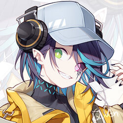  arknights asbestos_(arknights) baseball_cap black_shirt blue_hair eyepatch female fingernails green_eyes grin hat headphones heterochromia jacket looking_at_viewer multicolored_hair pointy_ears portrait purple_eyes purple_hair quan_(kurisu_tina) sharp_fingernails sharp_teeth shirt short_hair smile solo teeth turtleneck two-tone_hair yellow_jacket zoom_layer 