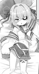  belt blush eyepatch female greyscale hair_ribbon hand_up highres jacket long_sleeves looking_at_viewer lying makaino_ririmu makaino_ririmu_(4th_costume) miniskirt monochrome neckerchief nijisanji on_back on_bed parted_lips pillow pleated_skirt ribbon school_uniform serafuku skirt sleeves_past_wrists solo twintails utsusumi_kio v virtual_youtuber 