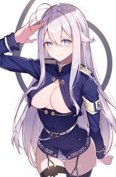  86_-eightysix- absurdres ahoge arm_at_side arm_up belt blue_eyes breasts cleavage closed_mouth commentary female garter_straps hair_between_eyes highres insignia long_hair looking_at_viewer medium_breasts military military_uniform no_pants o-ring o-ring_belt open_clothes open_shirt raised_eyebrows revision rikoma salute sidelocks simple_background skindentation smile solo thigh_gap thighhighs thighs underboob uniform very_long_hair vladilena_millize white_background white_belt white_hair 