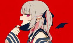  :d black_mask black_ribbon black_sailor_collar facial_mark fangs female from_side grey_hair hair_ribbon halftone heart heart_facial_mark heart_o-ring highres looking_at_viewer looking_to_the_side makaino_ririmu makaino_ririmu_(4th_costume) mask mask_pull mouth_mask nijisanji open_mouth pink_eyes profile red_background ribbon sailor_collar school_uniform serafuku sideways_glance simple_background smile solo twintails unmoving_pattern utsusumi_kio vampire_(vocaloid) virtual_youtuber 