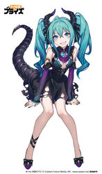  aqua_eyes aqua_hair arm_support bare_shoulders black_dress black_nails brooch cleavage_cutout clothing_cutout commentary dragon_horns dragon_tail dress female figure_available full_body grin hatsune_miku hatsune_miku_(noodle_stopper) heart heart_brooch horns invisible_chair jewelry loalo long_hair looking_at_viewer nail_polish noodle_stopper official_art purple_footwear sharp_teeth sitting sleeveless sleeveless_dress smile solo tail teeth torn_clothes torn_dress twintails vocaloid white_background 