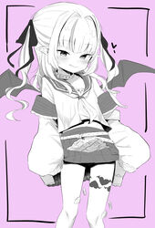  :p absurdres belt_collar blush collar female hair_ribbon heart heart_tattoo highres jacket leg_tattoo looking_at_viewer makaino_ririmu makaino_ririmu_(4th_costume) neckerchief nijisanji off_shoulder purple_background ribbon sailor_collar shirt smile solo standing tattoo tongue tongue_out twintails utsusumi_kio virtual_youtuber wings 