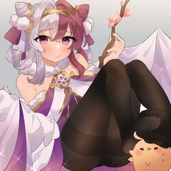  azur_lane bare_shoulders black_pantyhose blush branch chao_ho_(azur_lane) chao_ho_(plum_blossom&#039;s_illumination)_(azur_lane) cone_hair_bun feet female full_body fur-trimmed_sleeves fur_trim hair_bun hair_ornament highres manjuu_(azur_lane) medium_hair multicolored_hair no_shoes official_alternate_costume pantyhose red_eyes red_hair simple_background soles solo split-color_hair stepped_on takumi_mizuki thighband_pantyhose toes two-tone_hair white_hair wide_sleeves 