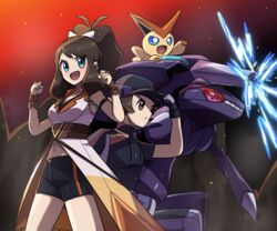  1boy :d antenna_hair black_gloves black_headwear black_shirt black_shorts breasts brown_eyes brown_gloves brown_hair cleavage closed_mouth clothing_cutout commentary_request eyelashes female frown genesect gloves green_eyes hand_on_headwear hands_up hat highres hilbert_(pokemon) hilbert_(sygna_suit)_(pokemon) hilda_(pokemon) hilda_(sygna_suit)_(pokemon) navel navel_cutout official_alternate_costume open_mouth pants pokemon pokemon_(creature) pokemon_masters_ex ponytail purple_pants saon101 shirt short_hair shorts sidelocks smile victini zipper_pull_tab 