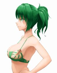  absurdres bare_arms bare_shoulders bikini breasts cleavage closed_mouth collarbone commentary dolphin_wave female floral_print from_side green_bikini green_eyes green_hair hair_intakes halterneck hand_on_own_hip harunami_anri highres kodeyu large_breasts light_smile looking_away medium_hair ponytail print_bikini profile simple_background solo strap_gap swimsuit upper_body white_background 