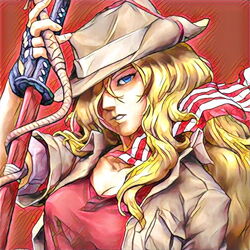  blonde_hair blue_eyes breasts brown_jacket cleavage commentary_request cowboy_hat female fingerless_gloves gloves hair_over_one_eye hat head_tilt holding holding_sword holding_weapon holding_whip jacket katana la_mulana large_breasts lumisa_kosugi naramura red_shirt sheath shirt solo sword upper_body weapon 