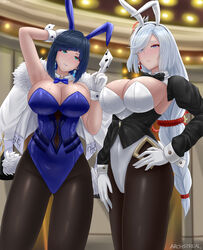  2girls animal_ears archstreal black_hair black_pantyhose blue_eyes blue_hair blue_leotard blush bob_cut breasts brown_legwear cleavage closed_mouth cowboy_shot diagonal_bangs fake_animal_ears genshin_impact gloves green_eyes hair_over_one_eye highleg highleg_leotard highres large_breasts leotard long_hair looking_at_viewer mole mole_on_breast multicolored_hair multiple_girls pantyhose parted_lips playboy_bunny rabbit_ears shenhe_(genshin_impact) short_hair smile swept_bangs thighs two-tone_hair very_long_hair white_gloves white_hair white_leotard wrist_cuffs yelan_(genshin_impact) 