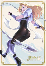  armor ass blonde_hair blue_eyes bodysuit breastplate breasts curvy elbow_gloves ema_(emaura) female gloves janne_d&#039;arc large_breasts lips long_hair looking_at_viewer pauldrons shoulder_armor snk solo sword vambraces weapon whip_sword world_heroes 