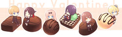  2boys 4girls black_bow black_dress black_hair black_jacket blonde_hair blue_eyes blue_scrunchie blush bow brown_hair chibi chocolate commentary_request crossed_legs dress food fujiwara_chika hair_ornament hair_scrunchie hairbow handheld_game_console happy_valentine hayasaka_ai highres holding holding_handheld_game_console iino_miko ishigami_yuu jacket juugonichi_(wheeliex2) kaguya-sama_wa_kokurasetai_~tensai-tachi_no_renai_zunousen~ long_hair long_sleeves looking_at_another looking_at_viewer low_twintails multiple_boys multiple_girls nintendo_switch pink_hair protected_link purple_hair ribbon school_uniform scrunchie shinomiya_kaguya shirogane_miyuki short_hair shuuchiin_academy_school_uniform sitting smile tongue tongue_out twintails white_chocolate 