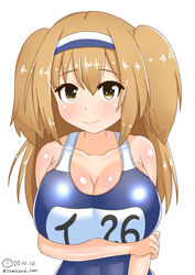  blue_one-piece_swimsuit breast_rest breasts brown_eyes cleavage covered_navel dated female hair_between_eyes hairband i-26_(kancolle) kantai_collection light_brown_hair lips long_hair looking_at_viewer name_tag new_school_swimsuit one-piece_swimsuit school_swimsuit shiromaru_(maniado) signature solo swimsuit two-tone_hairband two_side_up upper_body 