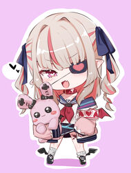  :d belt_collar black_footwear blue_sailor_collar blush chibi collar colored_inner_hair commentary_request eyepatch female full_body grey_hair grey_legwear heart heart-shaped_pupils heart_tattoo highres leg_tattoo long_hair looking_at_viewer makaino_ririmu makaino_ririmu_(4th_costume) multicolored_hair neckerchief nijisanji oerba_yun_fang outline pink_background pink_eyes pointy_ears red_neckerchief sailor_collar shirt shoes simple_background skin_fang smile solo spoken_heart streaked_hair stuffed_animal stuffed_rabbit stuffed_toy symbol-shaped_pupils tattoo twintails utsusumi_kio virtual_youtuber white_outline white_shirt 