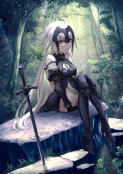  armor armored_boots armored_dress bare_shoulders boots breasts chains collar fate/grand_order fate_(series) faulds female forest gauntlets headpiece highres jeanne_d&#039;arc_alter_(avenger)_(fate) jeanne_d&#039;arc_alter_(avenger)_(third_ascension)_(fate) jeanne_d&#039;arc_alter_(fate) kaze_minoru_so-ru large_breasts long_hair looking_at_viewer metal_collar nature plackart rock sitting solo sword tree very_long_hair weapon white_hair yellow_eyes 