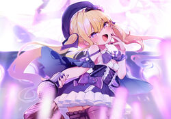  :d blonde_hair blue_skirt blush bow bowtie cowboy_shot fangs female fingernails from_behind hand_on_own_cheek hand_on_own_face hand_up hat heart heart-shaped_pupils high-waist_skirt highres holding holding_microphone long_hair looking_at_viewer looking_back microphone nail_polish open_mouth purple_bow purple_bowtie purple_eyes purple_hat purple_nails purple_thighhighs re:act skin_fangs skirt smile solo symbol-shaped_pupils thighhighs tsukushi_aria twintails utsusumi_kio virtual_youtuber 