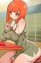  animal_ears bare_shoulders bayeuxman blunt_bangs bob_cut breasts brown_eyes commentary_request eating fast_food female food french_fries highres holding holding_food large_breasts mcdonald&#039;s mother_(yoru_mac) orange_hair paid_reward_available sitting solo sweater variant_set yoru_mac 