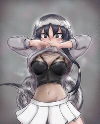  arms_up black_eyes black_hair black_mamba_(kemono_friends) breasts clothes_lift collarbone female highres hood hood_up hoodie hoodie_lift kemono_friends lifting_own_clothes long_hair long_sleeves medium_breasts navel open_mouth pleated_skirt saja_(166j357) see-through side_ponytail skirt snake_tail solo stomach sweat tail tearing_up very_long_hair white_skirt 