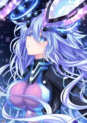  absurdres blue_eyes bodysuit breasts female hair_between_eyes headgear highres lewdkuma long_hair looking_at_viewer medium_breasts neptune_(series) next_purple power_symbol power_symbol-shaped_pupils purple_bodysuit purple_hair purple_heart_(neptunia) shin_jigen_game_neptune_vii solo symbol-shaped_pupils upper_body very_long_hair 