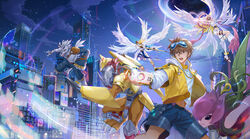  2girls 4boys aiming angel_wings angemon angewomon anklet armor arrow_(projectile) asymmetrical_clothes bare_shoulders belt black_belt blonde_hair blue_shorts bodysuit boots breasts brown_eyes brown_hair building cityscape claws clenched_hand cloud commentary covered_eyes cowboy_shot digimon digimon_(creature) drawstring dress elbow_gloves fangs feathered_wings floating floating_hair flower full_body furry furry_male gloves goggles goggles_on_head green_eyes hagoromo hair_between_eyes hat helmet high_heel_boots high_heels highres holding holding_arrow holding_staff holy_ring hood hood_down hooded_jacket horns jacket jewelry knee_boots large_breasts leaf_wings lilimon long_hair long_sleeves looking_to_the_side multiple_boys multiple_girls multiple_wings navel night o-ring o-ring_belt open_clothes open_jacket open_mouth outdoors pink_dress plant red_eyes red_hair shawl shirt short_hair shorts sidelocks single_knee_boot sky skyscraper staff standing star_(sky) starry_sky teeth thigh_strap vines wargreymon weregarurumon white_bodysuit white_footwear white_shirt winged_helmet wings wrist_wings xing_she_(ttat) yellow_armor yellow_jacket zipper 