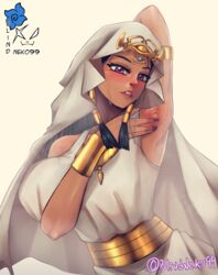  arm_behind_head armpits artist_name black_hair black_nails blindhunter99 blush dark-skinned_female dark_skin egyptian eye_of_horus female hair_tubes highres hood hood_up isis_ishtar long_hair looking_at_viewer parted_lips purple_eyes solo spread_armpit sweat upper_body yellow_background yu-gi-oh! yu-gi-oh!_duel_monsters 