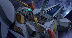  cloud cloudy_sky commentary glowing glowing_eyes green_eyes gundam gundam_hathaway&#039;s_flash highres jazz_jack mecha mobile_suit night night_sky no_humans ocean penelope_(hathaway&#039;s_flash) robot science_fiction signature sky upper_body v-fin xi_gundam 