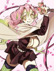  belt blush braid breasts cleavage demon_slayer_uniform falling_petals female green_eyes green_hair hair_between_eyes highres holding holding_weapon kanroji_mitsuri kimetsu_no_yaiba large_breasts long_hair mole mole_under_eye multicolored_hair multiple_braids open_mouth petals pink_background pink_hair smile solo talesofmea thighhighs two-tone_hair upper_body weapon wide_sleeves 