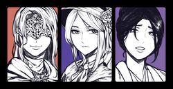  3girls absurdres blindfold bloodborne closed_mouth commentary_request covered_eyes dark_souls_(series) dark_souls_iii emma_the_gentle_blade facing_viewer fire_keeper greyscale_with_colored_background highres long_hair looking_at_viewer medium_hair multiple_girls nattapuumuu open_mouth parted_bangs plain_doll purple_background red_background sekiro:_shadows_die_twice simple_background smile 