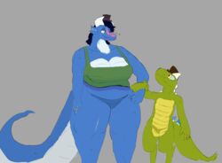  anthro big_breasts big_tail blue_body bottomless bottomless_female bottomless_male breasts clothed clothing creepina_(mrluckey) dragon duo featureless_crotch female gynomorph_(lore) hand_holding hat headgear headwear hi_res horn huge_breasts huge_tail kobold larger_female luckey_(mrluckey) male mrluckey muscular muscular_female mythological_creature mythological_scalie mythology ring scalie size_difference tail wide_hips 