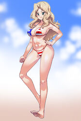  american_flag american_flag_bikini american_flag_print barefoot bikini blonde_hair blue_eyes blue_sky breasts closed_mouth cloud cloudy_sky commentary_request female flag_print full_body girls_und_panzer hair_intakes halterneck hand_on_own_hip highres kay_(girls_und_panzer) large_breasts long_hair looking_at_viewer matagitii navel partial_commentary print_bikini sky smile solo standing standing_on_one_leg swimsuit 