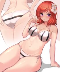  ass bikini breasts cleavage closed_mouth collarbone commentary_request cutie_panther female flower hair_flower hair_ornament highres kihou_no_gotoku_dmc large_breasts looking_at_viewer love_live! love_live!_school_idol_project multiple_views navel nishikino_maki purple_eyes red_hair short_hair sitting striped_bikini striped_clothes swimsuit thighs two-tone_bikini 