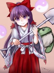  animal_ears belt bow closed_mouth female genjii_(touhou) hair_ornament hair_tubes hakurei_reimu hakurei_reimu_(pc-98) long_hair long_sleeves looking_at_another looking_down orange_background purple_eyes purple_hair red_bow red_skirt riria_(liry_a_flower) shirt shovel simple_background skirt smile standing touhou touhou_(pc-98) turtle weapon white_belt white_bow white_shirt wide_sleeves 