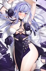  absurdres armpits arms_up azur_lane bare_shoulders bed_sheet blush breasts cleavage commentary_request criss-cross_halter dido_(anxious_bisque_doll)_(azur_lane) dido_(azur_lane) disembodied_limb dress female gloves hairband halter_dress halterneck hand_in_another&#039;s_hair hand_on_another&#039;s_cheek hand_on_another&#039;s_face highres holding_another&#039;s_arm large_breasts long_dress lying on_back purple_dress purple_eyes purple_hairband purple_headband thighs white_gloves xretakex 