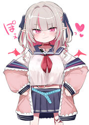  absurdres belt_collar black_ribbon blue_sailor_collar blue_skirt blush breast_padding breasts closed_mouth collar colored_inner_hair cowboy_shot female grey_hair hair_ribbon hands_on_own_hips highres jacket leg_tattoo looking_at_viewer makaino_ririmu makaino_ririmu_(4th_costume) miniskirt multicolored_hair neckerchief nijisanji oerba_yun_fang open_clothes open_jacket pink_eyes pink_jacket pleated_skirt red_neckerchief ribbon sailor_collar shirt simple_background skin_fang skirt smile smug solo stuffed_animal stuffed_rabbit stuffed_toy sweat tattoo twintails utsusumi_kio virtual_youtuber white_background white_shirt 