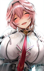  bad_id bad_twitter_id blush breast_zipper breasts collared_shirt female fumihiko_(fu_mihi_ko) hair_between_eyes hair_wings headband high-waist_shorts highres hololive huge_breasts long_sleeves multicolored_hair necktie open_mouth pink_hair puffy_long_sleeves puffy_sleeves shirt short_hair shorts smile solo streaked_hair takane_lui takane_lui_(1st_costume) taut_clothes teeth virtual_youtuber white_shirt wings 