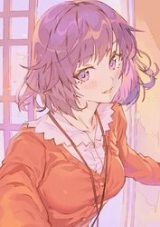  alternate_eye_color blush bob_cut breasts cardigan commentary female highres hxxg lanyard long_sleeves looking_at_viewer medium_breasts messy_hair monogatari_(series) orange_cardigan parted_lips purple_eyes purple_hair senjougahara_hitagi shirt short_hair shouji sliding_doors smile solo upper_body white_shirt 