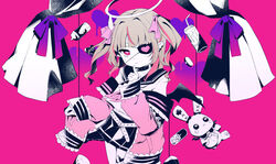  absurdres baby_bottle belt bottle candy chocolate closed_mouth commentary darling_dance_(vocaloid) earrings eyepatch female food grey_hair halo heart heart-shaped_chocolate heart_eyepatch highres index_finger_raised jacket jewelry limited_palette long_hair looking_at_viewer makaino_ririmu makaino_ririmu_(4th_costume) miniskirt multicolored_hair nijisanji off_shoulder pink_theme pleated_skirt pointy_ears skirt smile solo streaked_hair twintails utsusumi_kio virtual_youtuber wings 