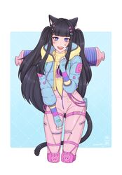  :d absurdres animal_ears apex_legends artist_logo backpack bag black_hair blue_gloves blue_jacket cat_ears cat_tail commentary commission cosplay down_jacket facial_mark female fingerless_gloves gloves hand_up heart heart_facial_mark highres indie_virtual_youtuber jacket kawaii_voltage_wattson knee_pads long_sleeves looking_at_viewer mae_nyx making-of_available mugen0017 pants pink_pants purple_eyes smile solo star_(symbol) star_facial_mark tail twitter_username two_side_up virtual_youtuber wattson_(apex_legends) wattson_(apex_legends)_(cosplay) 