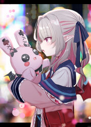  absurdres bag black_ribbon blush collar commentary_request demon_wings female grey_hair hair_ribbon handbag highres jacket long_hair makaino_ririmu makaino_ririmu_(4th_costume) multicolored_hair neckerchief nijisanji off_shoulder open_clothes open_jacket parted_lips pink_hair pink_jacket pointy_ears profile red_collar red_eyes red_neckerchief red_wings ribbon sailor_collar shirt sleeves_past_wrists solo streaked_hair stuffed_animal stuffed_rabbit stuffed_toy two-tone_hair two_side_up upper_body utsusumi_kio virtual_youtuber wings 