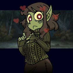  1:1 bunny75 clothing female goblin green_body green_skin heart_eyes heart_symbol helltaker humanoid long_ears looking_at_viewer modeus_(helltaker) parody_character red_eyes solo sweater topwear traced 