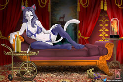  anthro bedroom_eyes breasts chair champagne_bottle clothing dagger decoration digitigrade exposure_variation female furniture hair hi_res inside j&#039;mara_rodavi jewelry legwear lingerie looking_at_viewer luxury lying melee_weapon milkylewdy narrowed_eyes on_chair seductive solo spread_legs spreading stockings text thigh_highs url weapon 