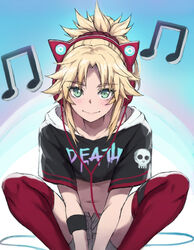  animal_ear_headphones animal_ears axent_wear black_shirt blonde_hair blush breasts cat_ear_headphones closed_mouth clothes_writing commentary crop_top fake_animal_ears fate/apocrypha fate_(series) female green_eyes grey_shorts hair_ornament hair_scrunchie headphones highres long_hair looking_at_viewer midriff mordred_(fate) mordred_(fate/apocrypha) musical_note navel parted_bangs ponytail red_legwear red_scrunchie scrunchie shirt short_sleeves shorts sidelocks skull_print small_breasts smile solo squatting tonee 